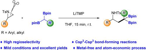 Transition metal-free Csp3-Csp3 bond-forming reactions of N-tosylaziridines and gem-diborylalkanes