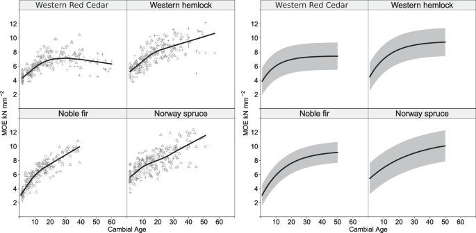 Models to predict the radial variation of stiffness, strength, and density in planted noble fir, Norway spruce, western hemlock, and western red cedar in Great Britain