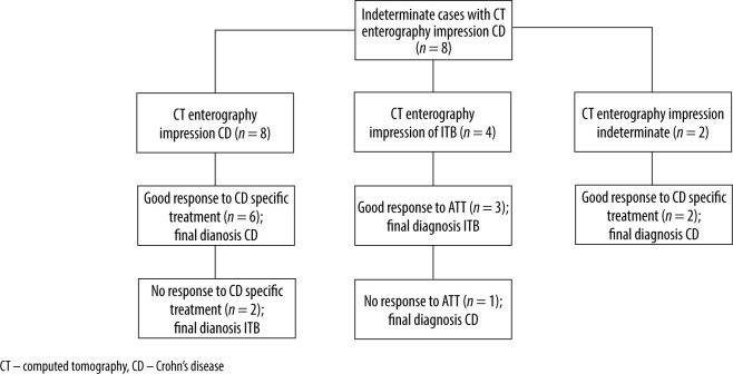 Diagnostic utility of CT enterography in the evaluation of ileocecal mucosal lesions of uncertain diagnosis on ileocolonoscopy.