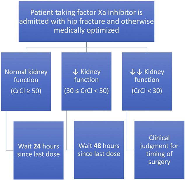 Expedited surgery does not increase transfusion rates for patients with geriatric hip fracture taking factor Xa inhibitors.