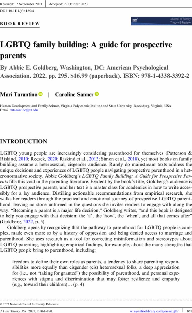 LGBTQ family building: A guide for prospective parents. By  Abbie E. Goldberg, Washington, DC: American Psychological Association.  2022. pp.  295. $16.99 (paperback). ISBN: 978-1-4338-3392-2