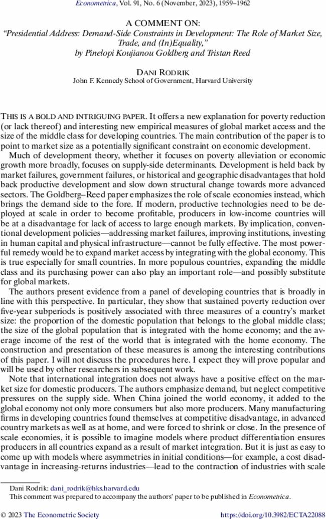 A Comment on: “Presidential Address: Demand-Side Constraints in Development: The Role of Market Size, Trade, and (In)Equality,” by Pinelopi Koujianou Goldberg and Tristan Reed