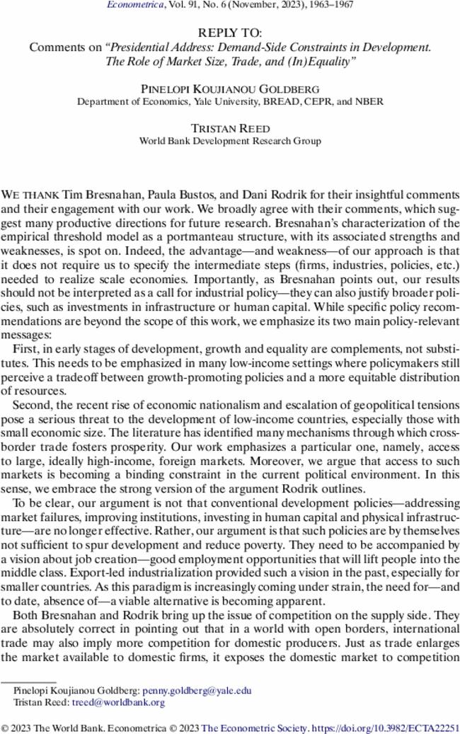 Reply to: Comments on “Presidential Address: Demand-Side Constraints in Development. The Role of Market Size, Trade, and (In)Equality”