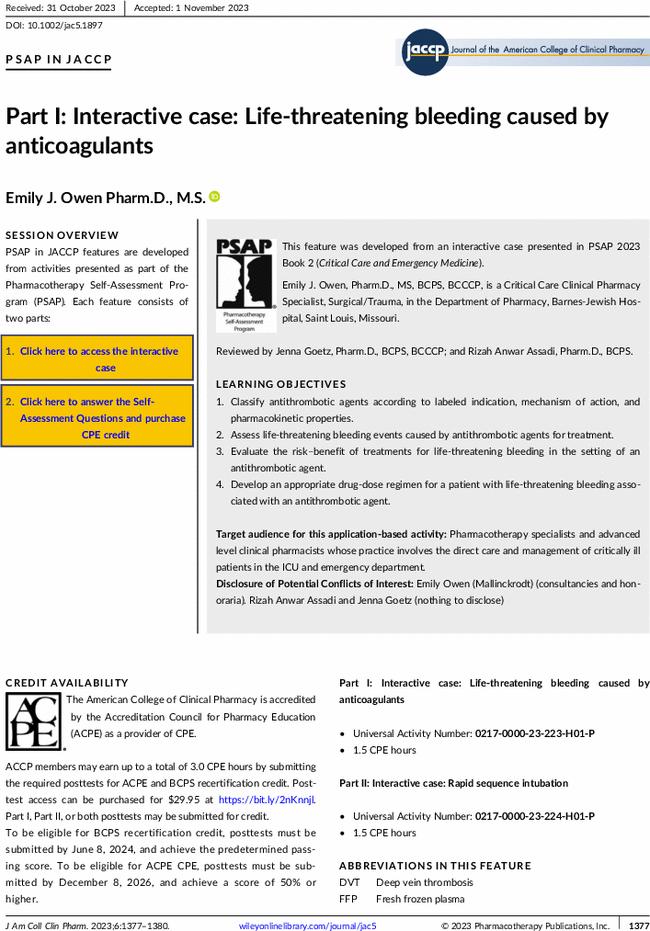 Part I: Interactive case: Life-threatening bleeding caused by anticoagulants