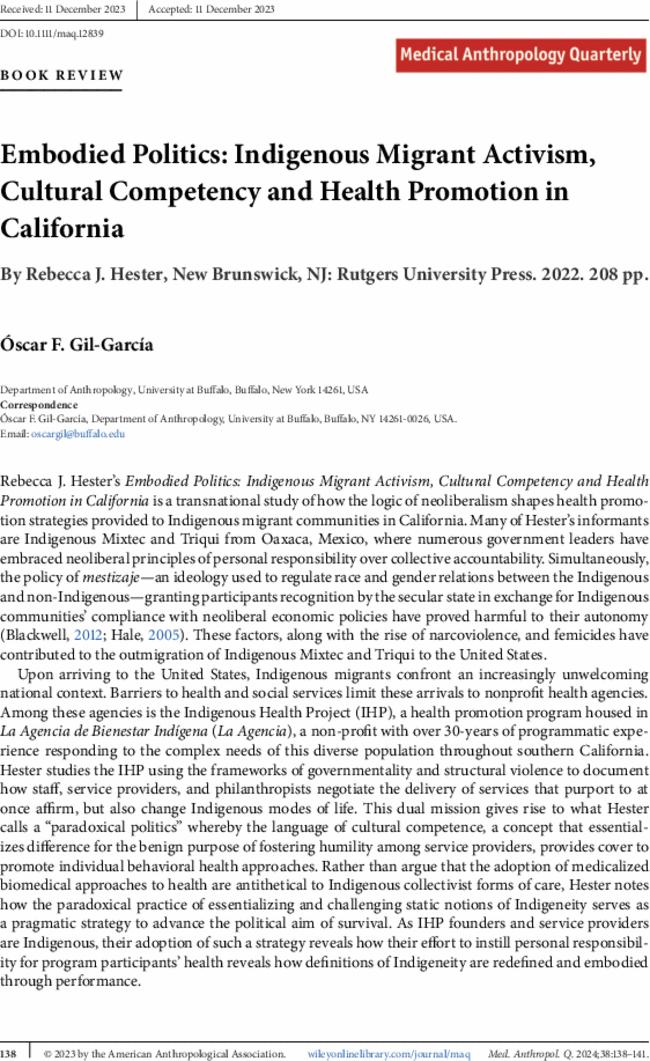 Embodied Politics: Indigenous Migrant Activism, Cultural Competency and Health Promotion in California By  Rebecca J. Hester, New Brunswick, NJ: Rutgers University Press. 2022.  208 pp.