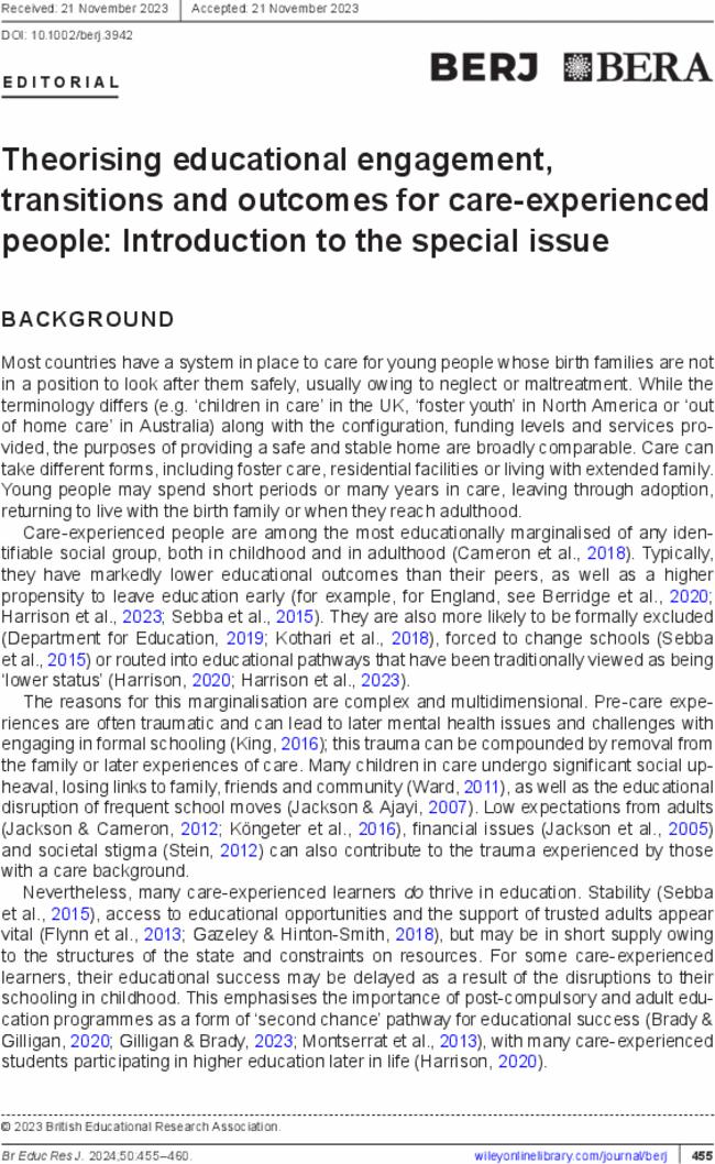 Theorising educational engagement, transitions and outcomes for care-experienced people: Introduction to the special issue