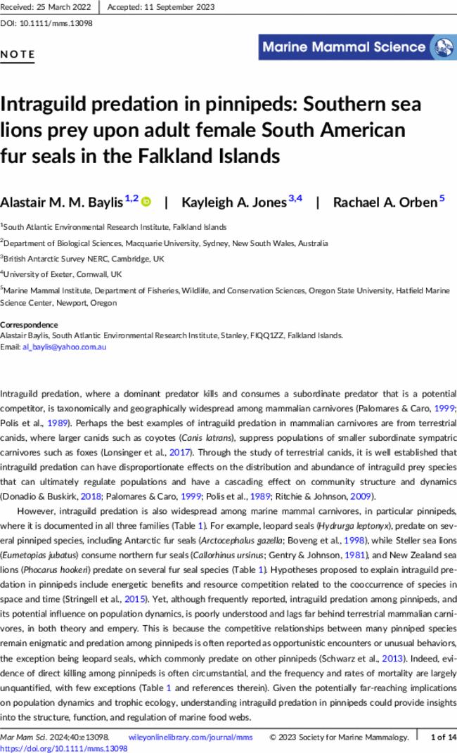 Intraguild predation in pinnipeds: Southern sea lions prey upon adult female South American fur seals in the Falkland Islands