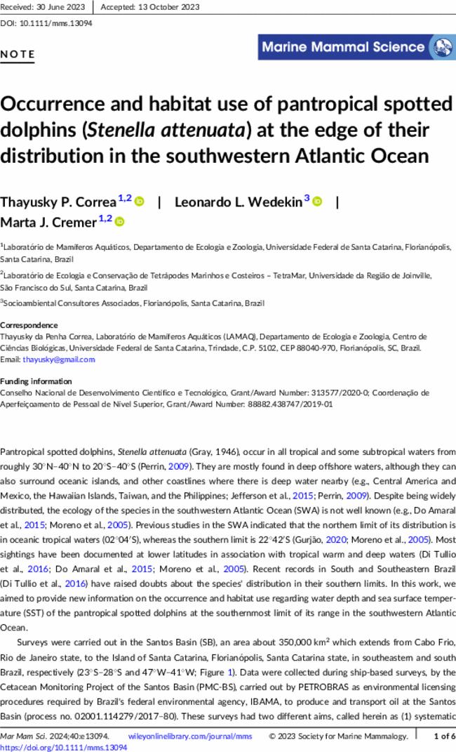 Occurrence and habitat use of pantropical spotted dolphins (Stenella attenuata) at the edge of their distribution in the southwestern Atlantic Ocean