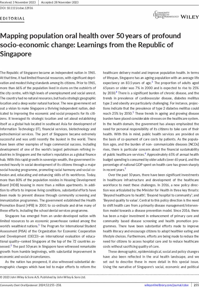 Mapping population oral health over 50 years of profound socio-economic change: Learnings from the Republic of Singapore