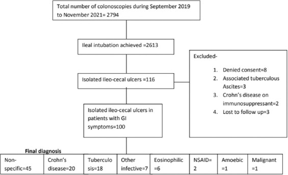 Etiological spectrum of isolated ileo-cecal ulcers in patients with gastrointestinal symptoms.