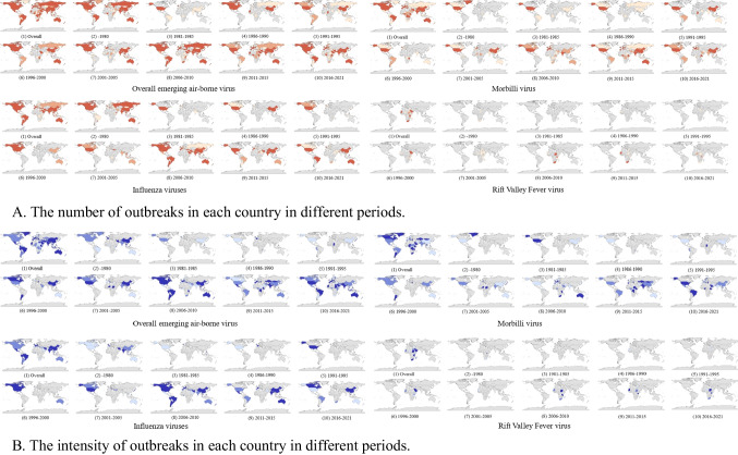 Spatial and temporal distribution of emerging airborne viral infectious diseases outbreaks on a global scale.