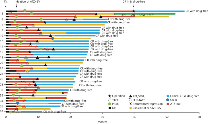 Achievement of Complete Response and Drug-Free Status by Atezolizumab plus Bevacizumab Combined with or without Curative Conversion in Patients with Transarterial Chemoembolization-Unsuitable, Intermediate-Stage Hepatocellular Carcinoma: A Multicenter Proof-Of-Concept Study.