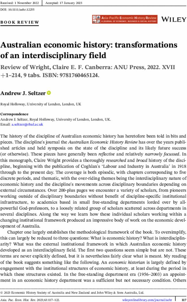 Review of  Wright, Claire E. F.  Australian economic history: transformations of an interdisciplinary field. Canberra: ANU Press,  2022.  XVII+1–214, 9 tabs. ISBN: 9781760465124.