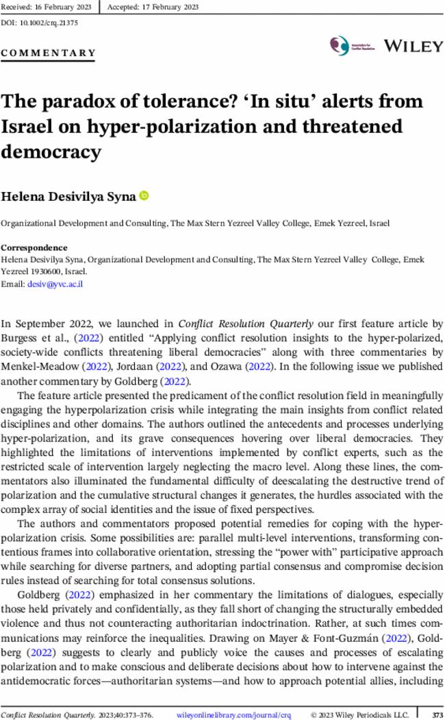 The paradox of tolerance? ‘In situ’ alerts from Israel on hyper-polarization and threatened democracy