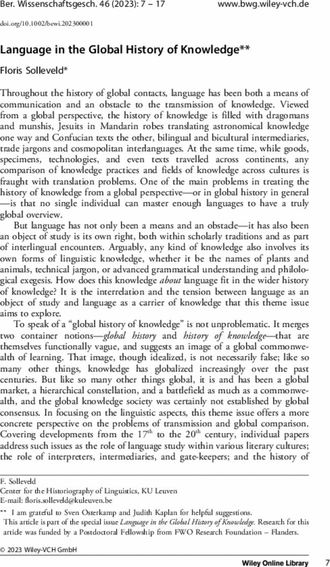 Language in the Global History of Knowledge**