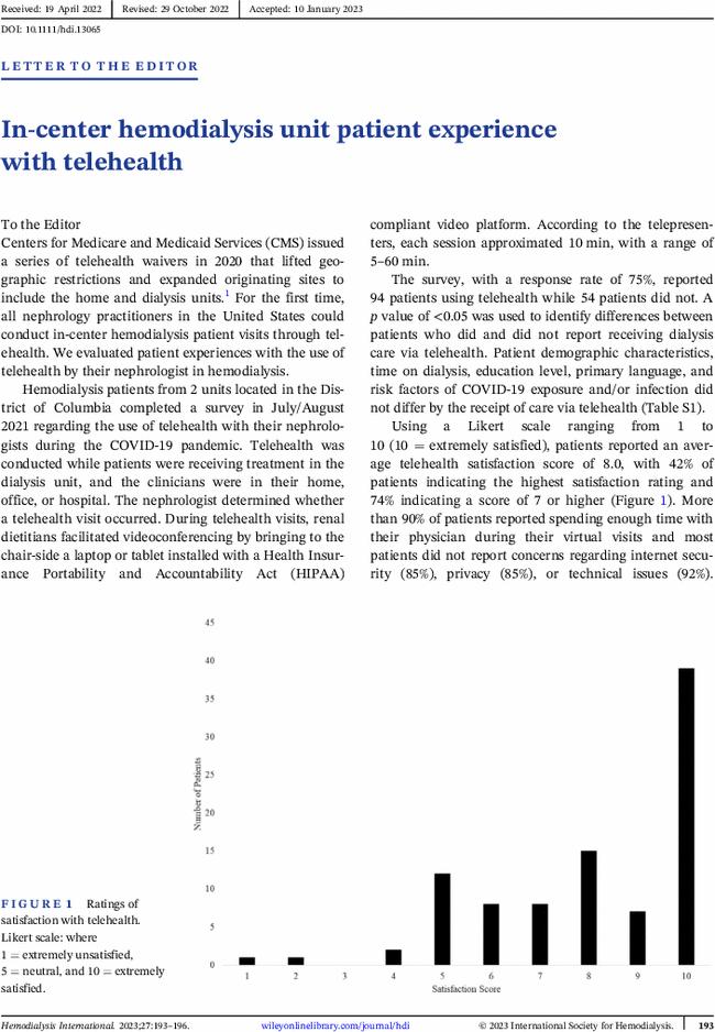 In-center hemodialysis unit patient experience with telehealth