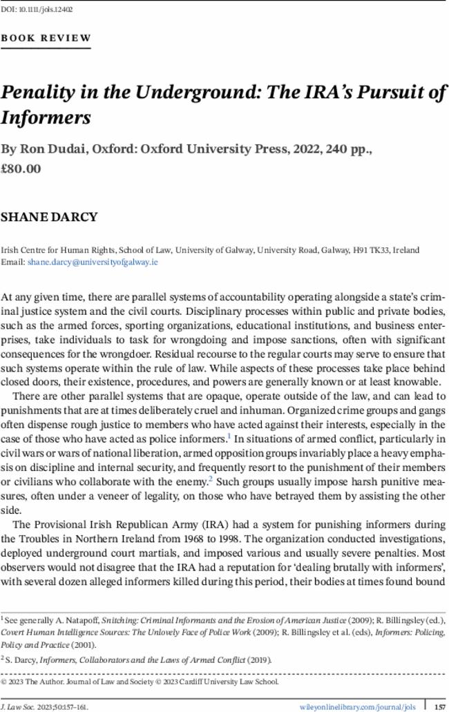 Penality in the Underground: The IRA's Pursuit of Informers By  Ron Dudai, Oxford: Oxford University Press,  2022,  240 pp., £80.00