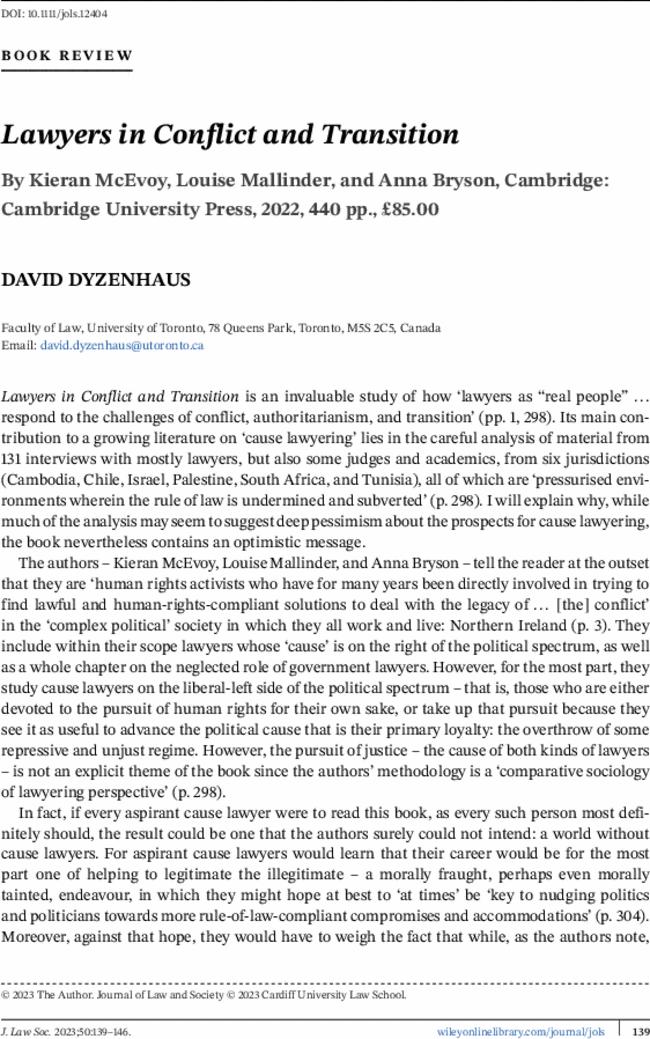 Lawyers in Conflict and Transition By  Kieran McEvoy,  Louise Mallinder, and  Anna Bryson, Cambridge: Cambridge University Press,  2022,  440 pp., £85.00