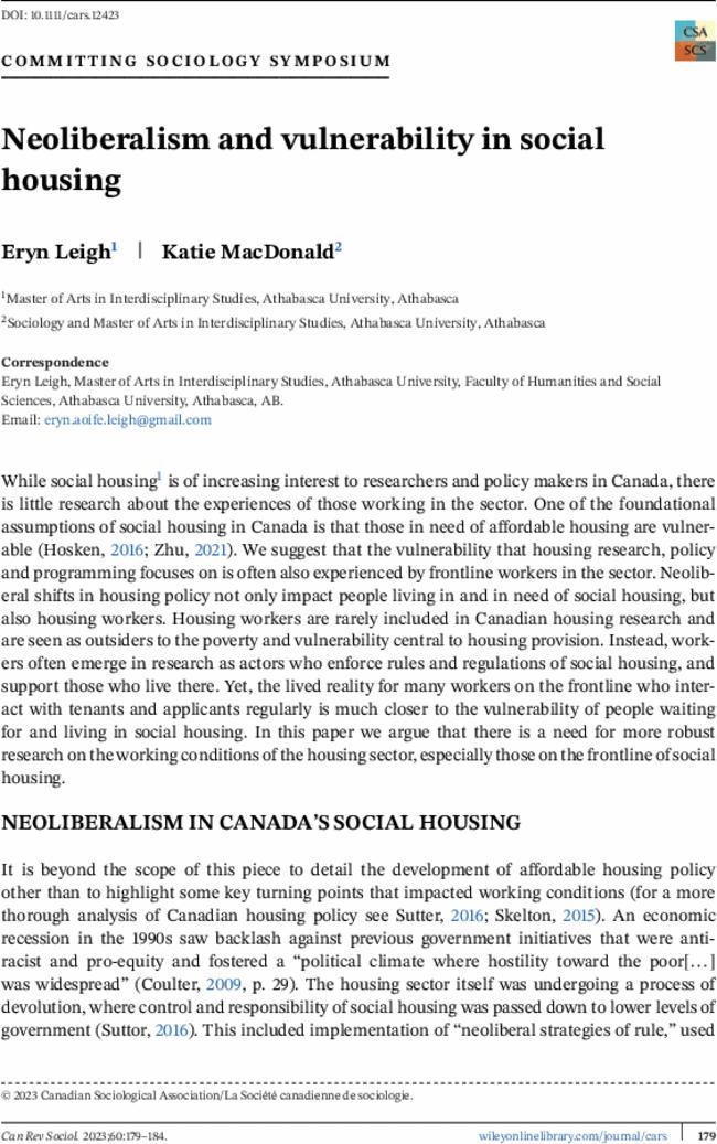 Neoliberalism and vulnerability in social housing