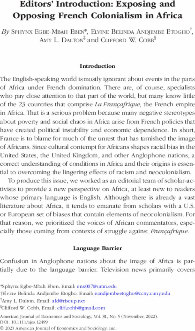 Editors' Introduction: Exposing and Opposing French Colonialism in Africa