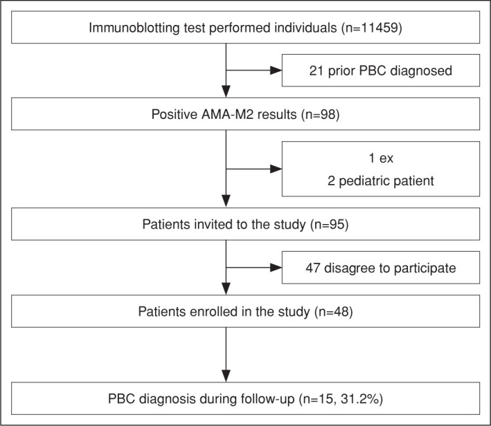 The risk of development of primary biliary cholangitis among incidental antimitochondrial M2 antibody-positive patients.