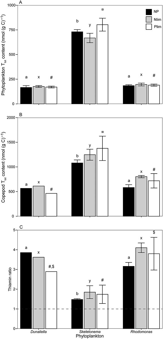 Limited effects of macro-nutrient ratios on thiamin content and transfer in phytoplankton and copepods.