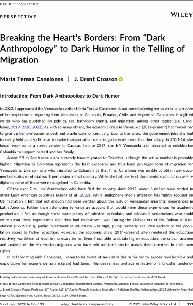 Breaking the Heart's Borders: From “Dark Anthropology” to Dark Humor in the Telling of Migration