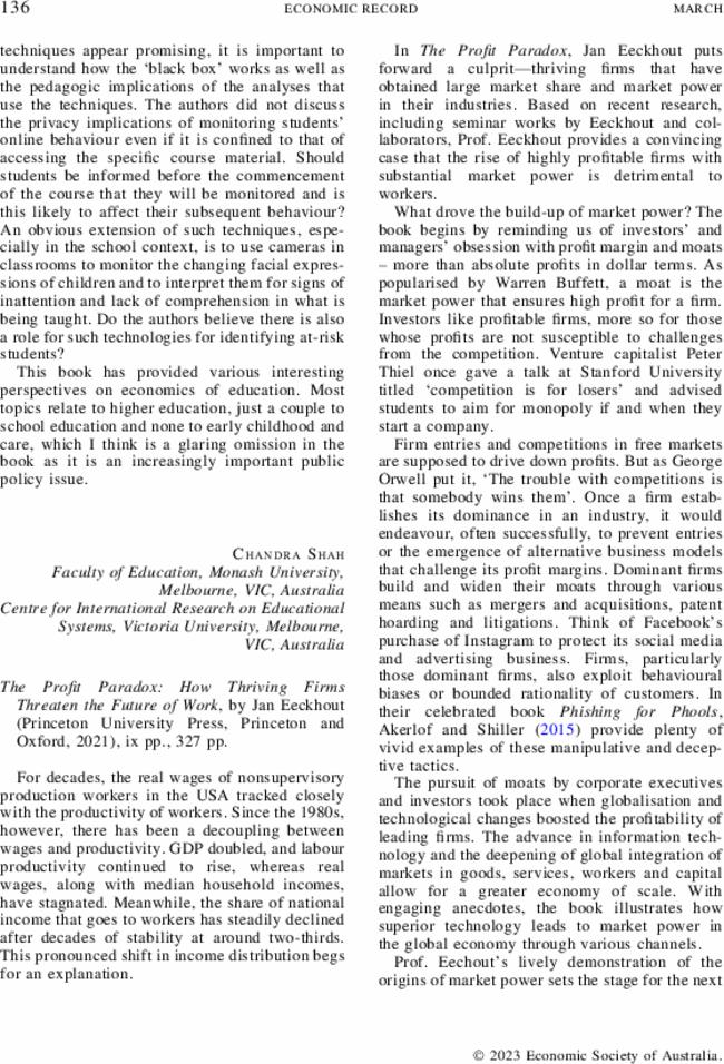 The Profit Paradox: How Thriving Firms Threaten the Future of Work, by  Jan Eeckhout (Princeton University Press, Princeton and Oxford,  2021), ix pp., 327 pp.