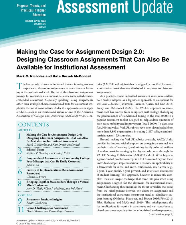 Making the Case for Assignment Design 2.0: Designing Classroom Assignments That Can Also Be Available for Institutional Assessment