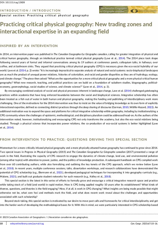 Practicing critical physical geography: New trading zones and interactional expertise in an expanding field