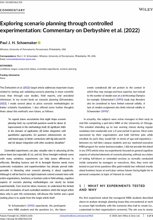 Exploring scenario planning through controlled experimentation: Commentary on Derbyshire et al. (2022)