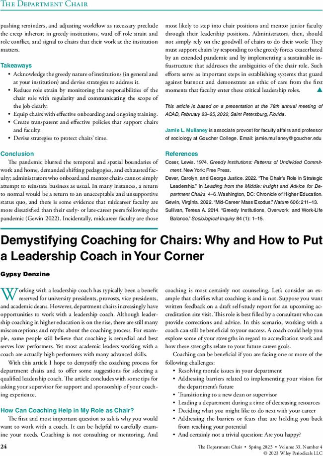 Demystifying Coaching for Chairs: Why and How to Put a Leadership Coach in Your Corner