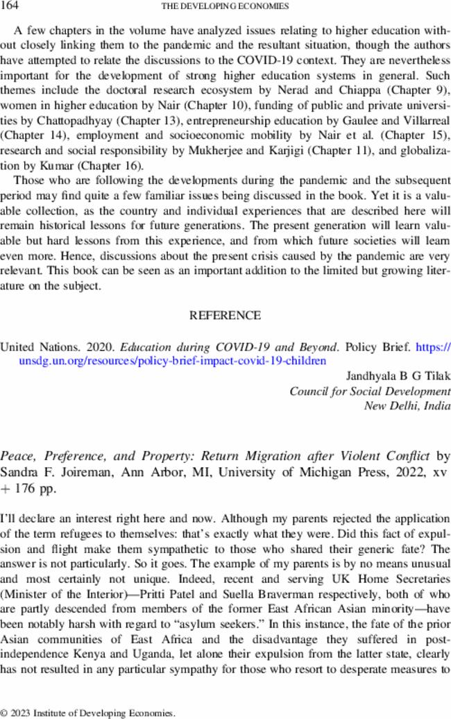 Peace, Preference, and Property: Return Migration after Violent Conflict by  Sandra F. Joireman, Ann Arbor, MI, University of Michigan Press,  2022, xv + 176 pp.