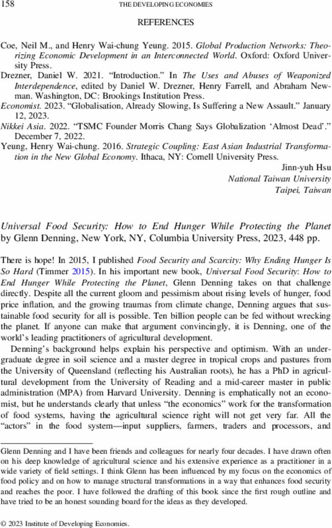 Universal Food Security: How to End Hunger While Protecting the Planet by  Glenn DenningNew York, NY,Columbia University Press,  2023,  448 pp.