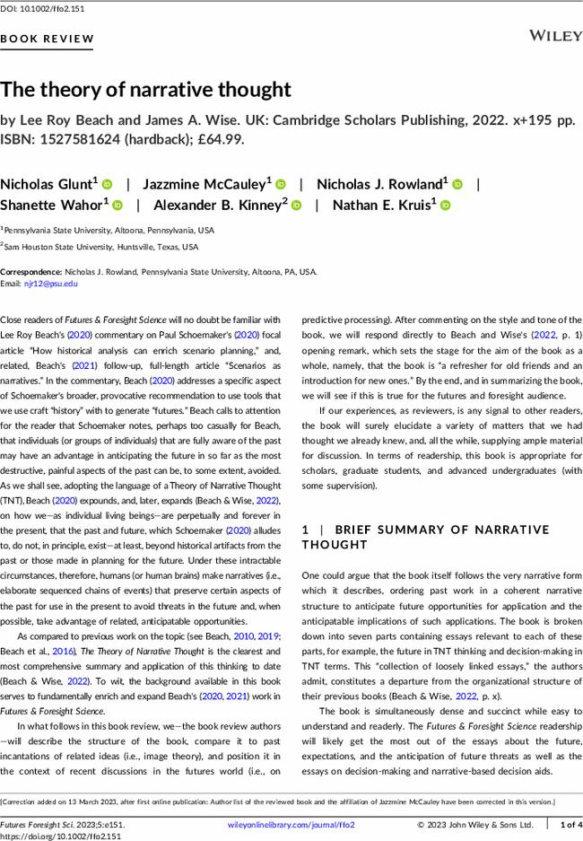 The theory of narrative thought, by  Lee Roy Beach and  James A. Wise. UK: Cambridge Scholars Publishing,  2022. x+195 pp. ISBN: 1527581624 (hardback); £64.99.