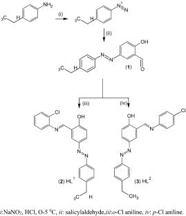 New fluorescent Schiff bases linked azo chromophore: synthesis, complex formation with Cu(II) and Ni(II) ions, characterization, X-ray, SEM and optical properties