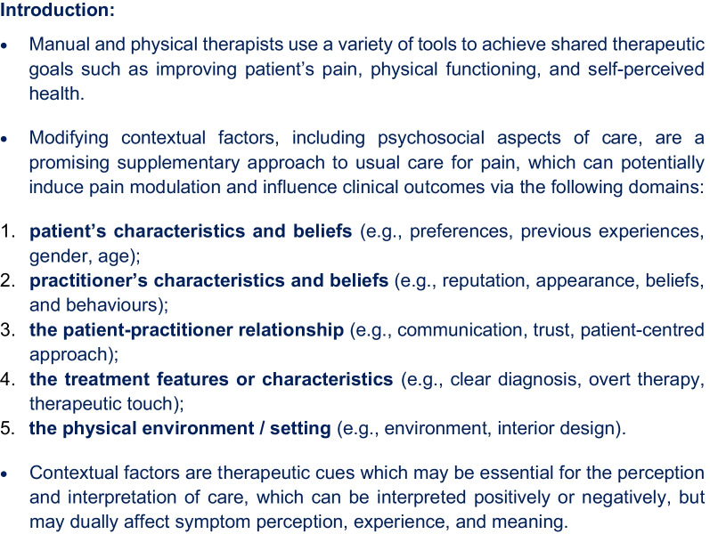 Musculoskeletal practitioners' perceptions of contextual factors that may influence chronic low back pain outcomes: a modified Delphi study.