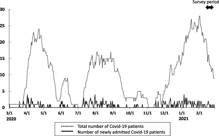 Differences in the presentation of COVID-19-related psychosocial stress and general psychological distress and the relation between the number of care days and these symptoms among Japanese ward staff working exclusively with COVID-19 and support staff.