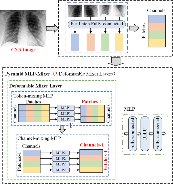 A new classification method for diagnosing COVID-19 pneumonia based on joint CNN features of chest X-ray images and parallel pyramid MLP-mixer module.