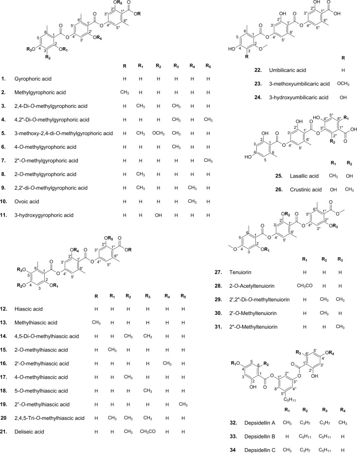 Tridepsides as potential bioactives: a review on their chemistry and the global distribution of their lichenic and non-lichenic natural sources.