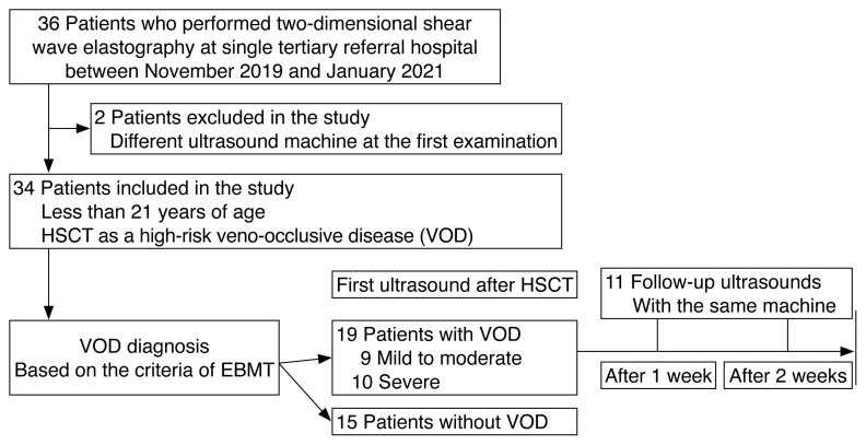 Usefulness of two-dimensional shear wave elastography in diagnosing hepatic veno-occlusive disease in pediatric patients undergoing hematopoietic stem cell transplantation.