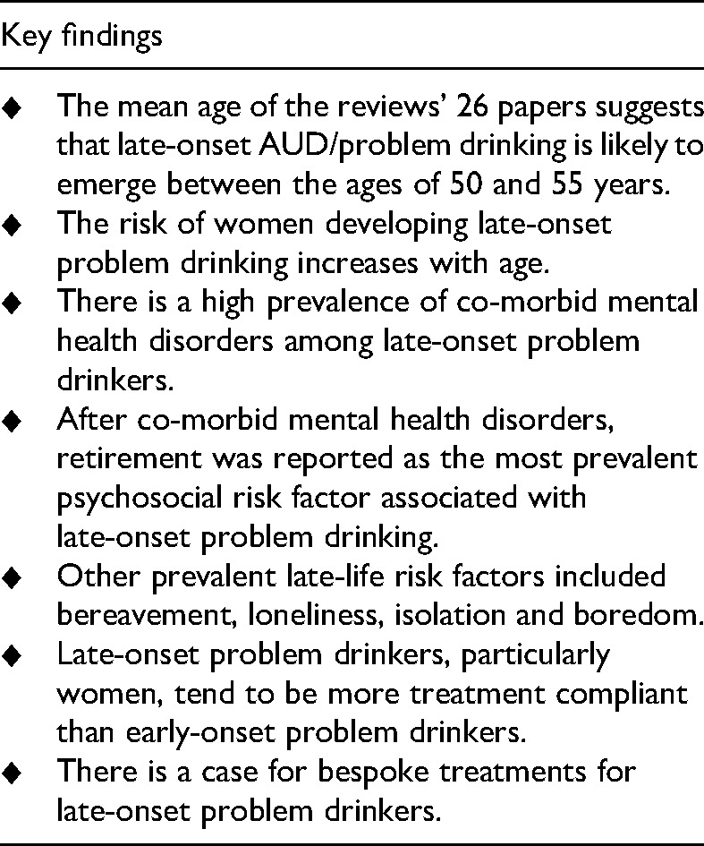 Characteristics of people who have received treatment for late-onset problem drinking and alcohol use disorder: A systematic review and narrative synthesis.