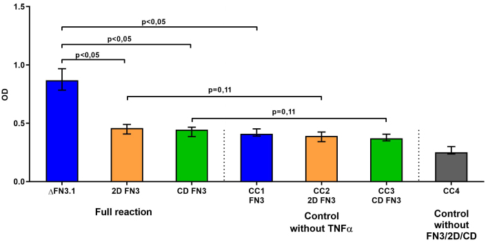 Study of the binding of ΔFN3.1 fragments of the <i>Bifidobacterium longum</i> GT15 with TNFα and prevalence of domain-containing proteins in groups of bacteria of the human gut microbiota.