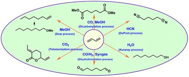 Industrially applied and relevant transformations of 1,3-butadiene using homogeneous catalysts