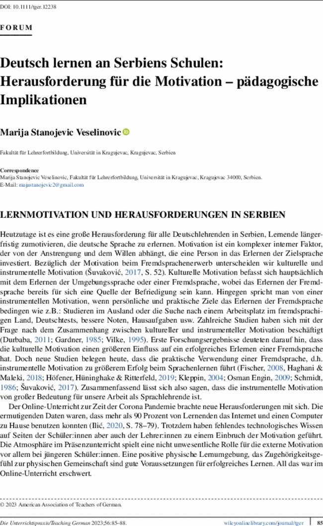 Deutsch lernen an Serbiens Schulen: Herausforderung für die Motivation – pädagogische Implikationen