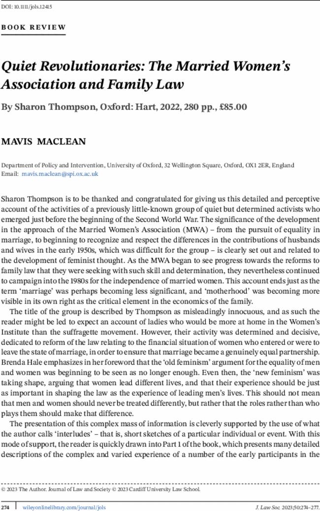 Quiet Revolutionaries: The Married Women's Association and Family Law By  Sharon Thompson, Oxford: Hart,  2022,  280 pp., £85.00