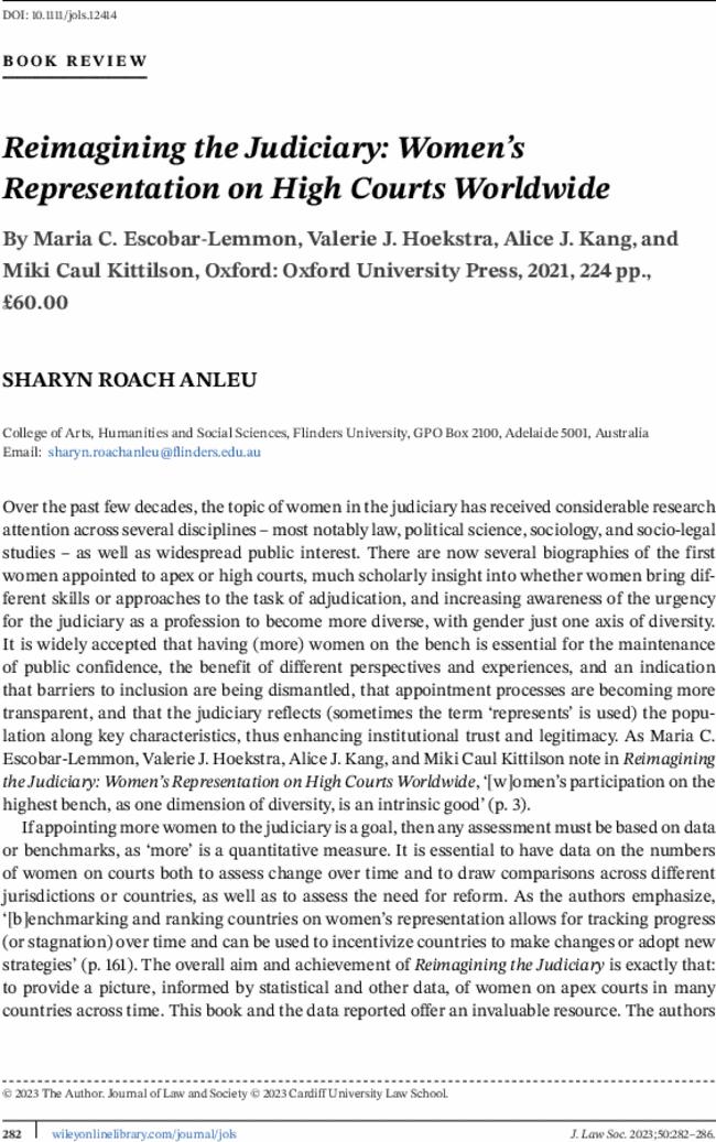 Reimagining the Judiciary: Women's Representation on High Courts Worldwide By  Maria C. Escobar-Lemmon,  Valerie J. Hoekstra,  Alice J. Kang, and  Miki Caul Kittilson, Oxford: Oxford University Press,  2021,  224 pp., £60.00