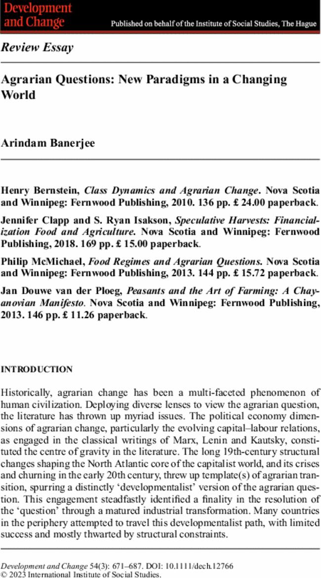 Agrarian Questions: New Paradigms in a Changing World