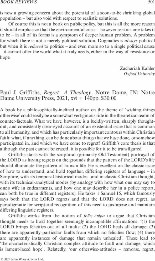 Paul J. Griffiths,  Regret: A Theology. Notre Dame, IN: Notre Dame University Press,  2021, xvi + 140pp. $30.00