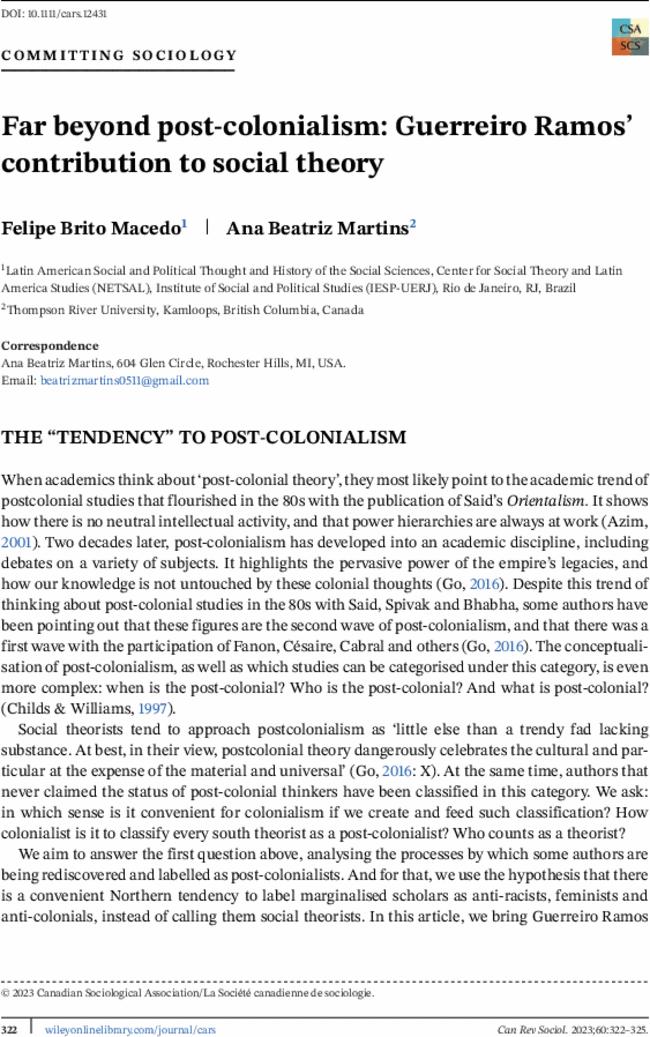 Far beyond post-colonialism: Guerreiro Ramos’ contribution to social theory